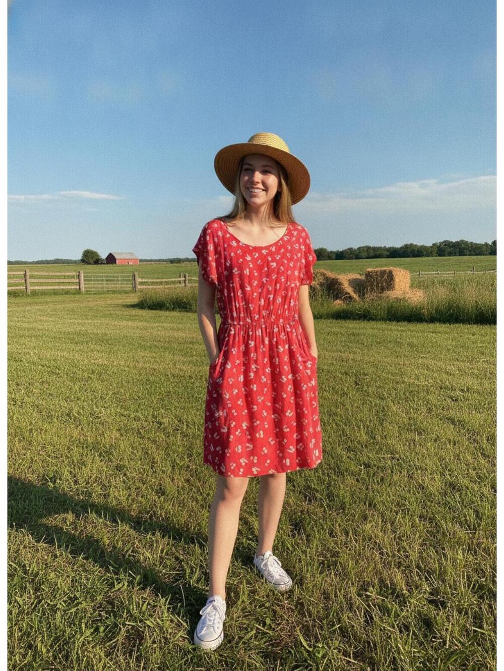 XXI Casual Red Cherry Novelty Print Summer Casual Dress Size Small Pockets